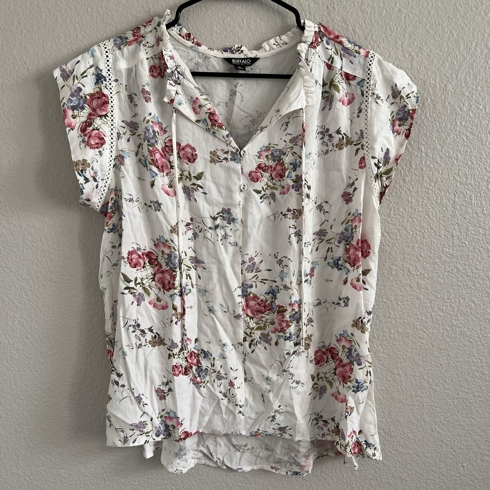 Buffalo David Bitton Women's Medium Blouse Cottagecore Crochet Cap Sleeve Floral